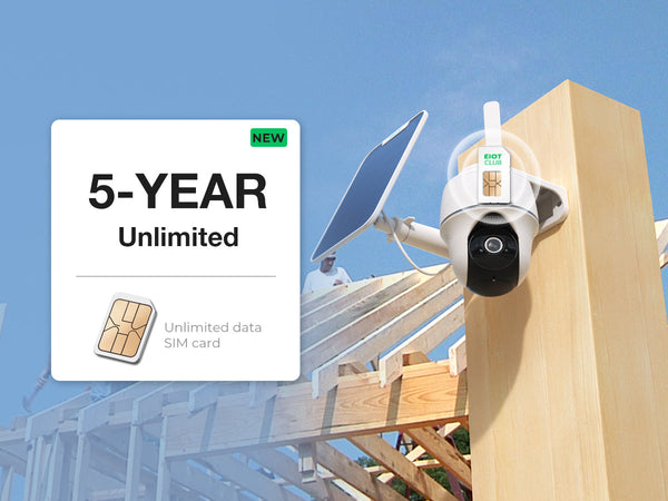 A solar-powered security camera with a 5-year unlimited data SIM card, shown at a construction site.