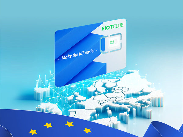 An EIOTCLUB SIM card hovers over a map of Europe.