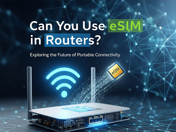 A Wi-Fi router with a glowing eSIM chip and Wi-Fi symbol on a digital network background, illustrating the concept of using eSIM in routers.