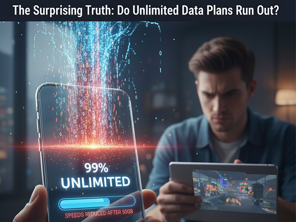 Graphic illustrating the catch in unlimited data plans, featuring a phone screen showing 99% UNLIMITED and a fine print warning: SPEEDS REDUCED AFTER 50GB.