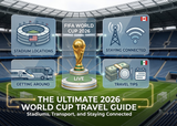 2026 World Cup travel guide infographic featuring stadium, transport, and staying connected with eiotclub eSIM.