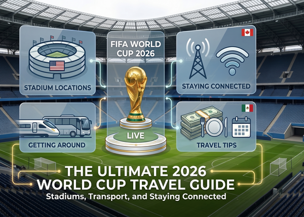 2026 World Cup travel guide infographic featuring stadium, transport, and staying connected with eiotclub eSIM.
