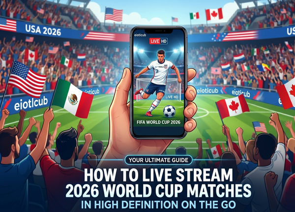 Live streaming the 2026 World Cup in HD on a smartphone powered by eiotclub eSIM data at the stadium.