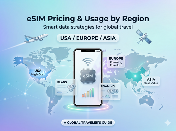 Global travel infographic about eSIM pricing and usage, highlighting differences between USA, Europe, and Asia.