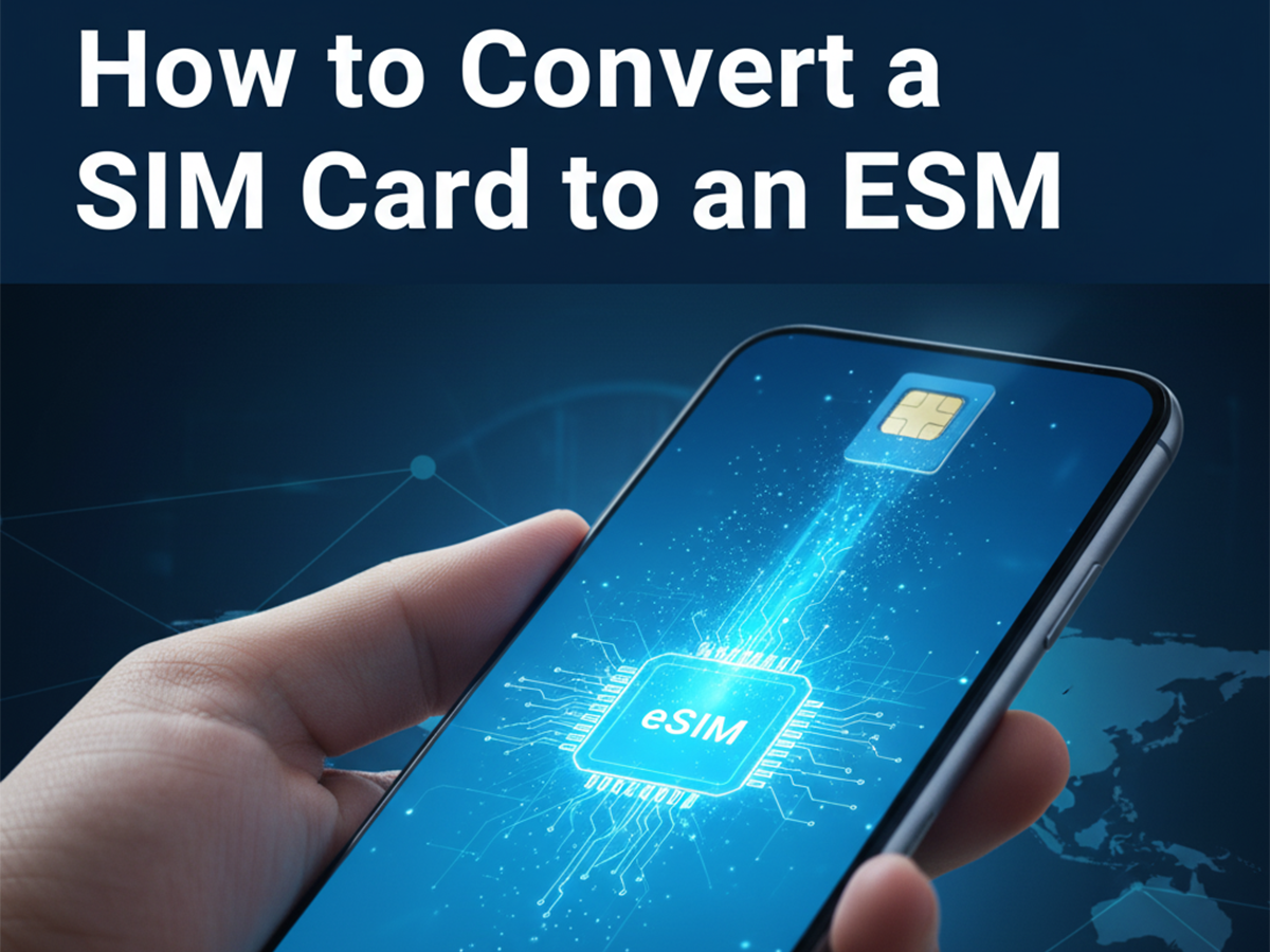 Digital graphic illustrating the conversion of a physical SIM card to an eSIM on a smartphone screen.