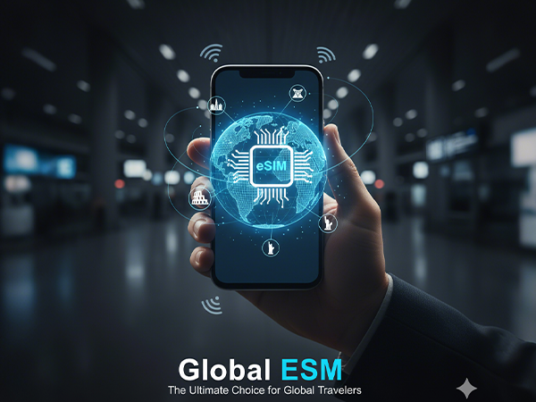 An image showing a hand holding a smartphone with a glowing globe and circuit board design on its screen, symbolizing global connectivity and eSIM technology. The text "Global ESM The Ultimate Choice for Global Travelers" is displayed below the phone.