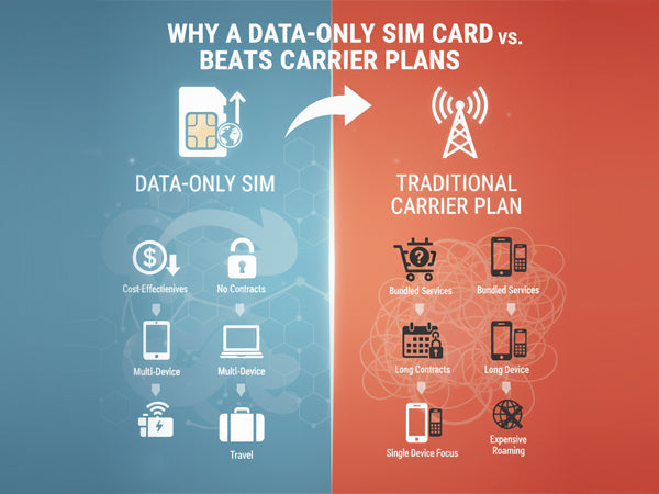Infographic comparing Data-Only SIM benefits vs Traditional Carrier Plan drawbacks.