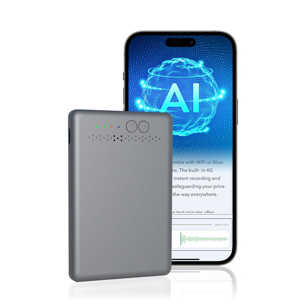 Gray AI recording device next to a smartphone showing an 'AI' graphic, text on 4G instant recording, and an audio waveform.