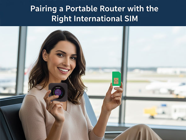 Woman holding a portable router and an international SIM card.