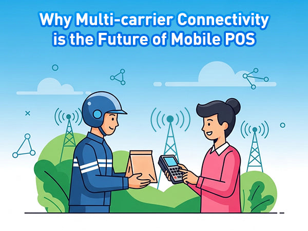 Delivery person using a mobile POS with multi-carrier connectivity icons.