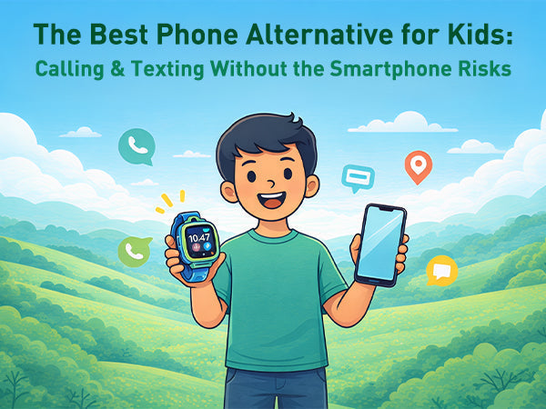 Boy holding smartwatch as phone alternative for kids with communication icons.