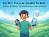 Boy holding smartwatch as phone alternative for kids with communication icons.