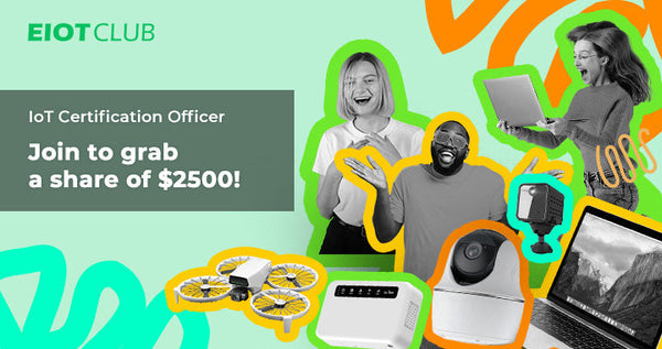 An ad for the Eiotclub IoT Certification Officer program with a $2500 prize.