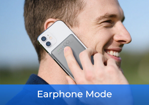 Smiling man holding a smartphone with a gray accessory to his ear. Text overlay reads Earphone Mode.