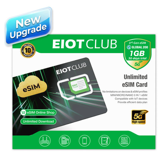 Physische eSIM-Karte von EIOTCLUB: Unbegrenzte globale Downloads, vorgeschnitten, kompatibel mit Android und Apple