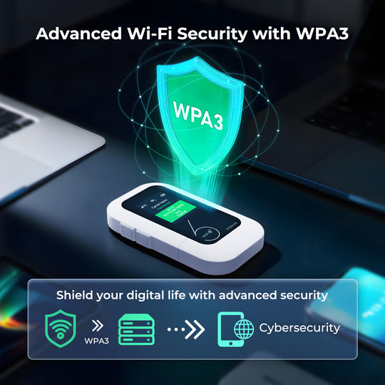 The portable Wi-Fi device surrounded by a glowing shield icon, representing advanced WPA3 security features.