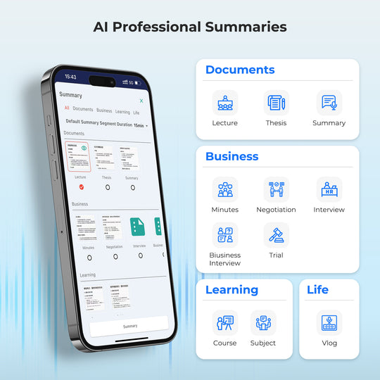 AI Professional Summaries with app categories like Documents, Business, and Learning, plus thumbnails.