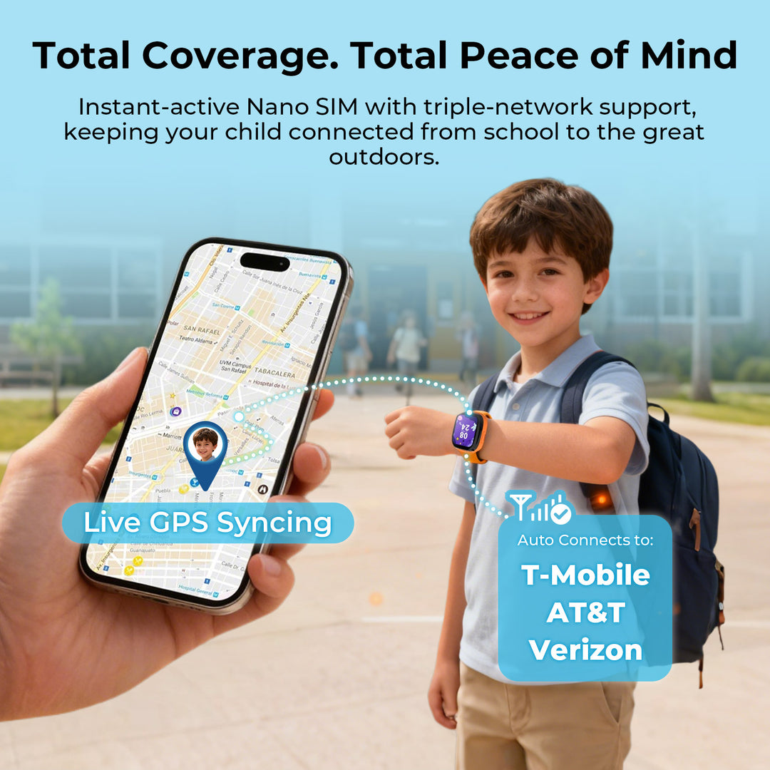 GPS kids' watch with triple-network support for T-Mobile, AT&T, and Verizon.
