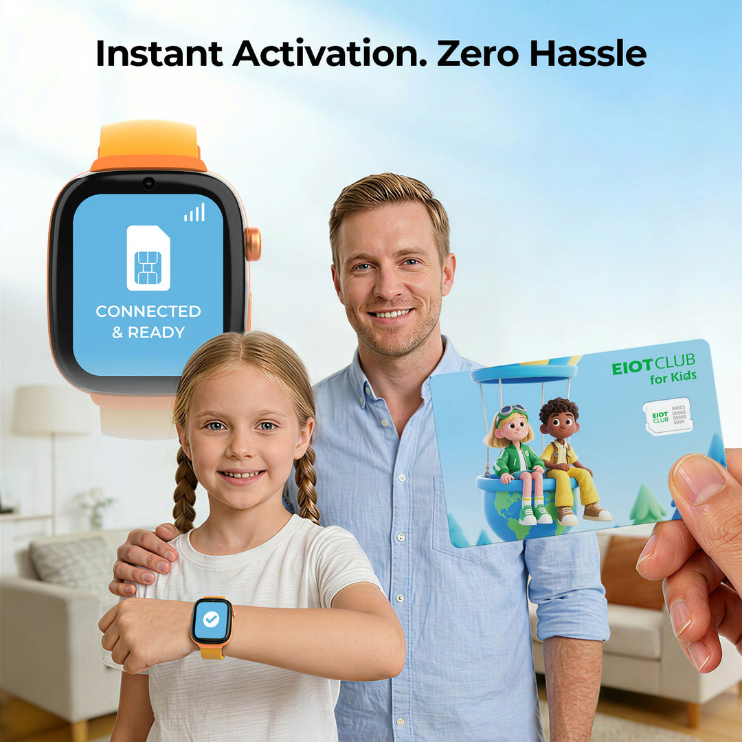 Father and daughter with a kids smartwatch and EIOTCLUB SIM card.