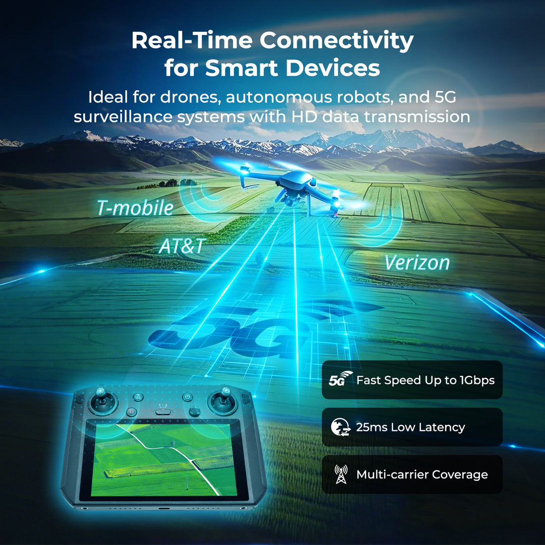 A drone utilizing multi-carrier 5G coverage from T-Mobile, AT&T, and Verizon for real-time, low-latency HD data transmission to a remote controller.
