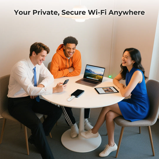 Three people sharing portable internet access via a WiFi dongle on a table with a laptop, tablet, and phone.