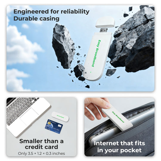 Durable, pocket-sized WiFi dongle shown with breaking rocks, next to a credit card for scale, and being put into a bag.