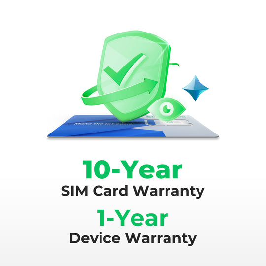 A graphic showing a shield and eye icon, advertising 10-Year SIM Card and 1-Year Device Warranty.