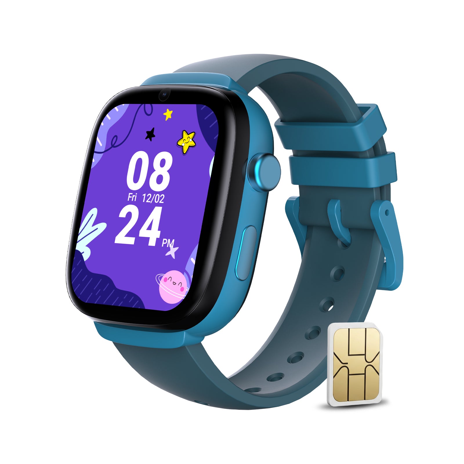 Blue 4G kids smartwatch with a colorful digital watch face and a Nano SIM card, highlighting its cellular connectivity and design.